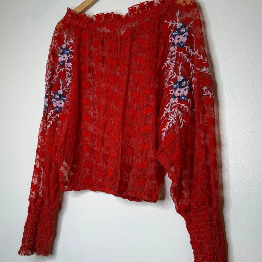 Free People red jubilee floral embroidered sheer peasant top size small - Picture 11 of 12